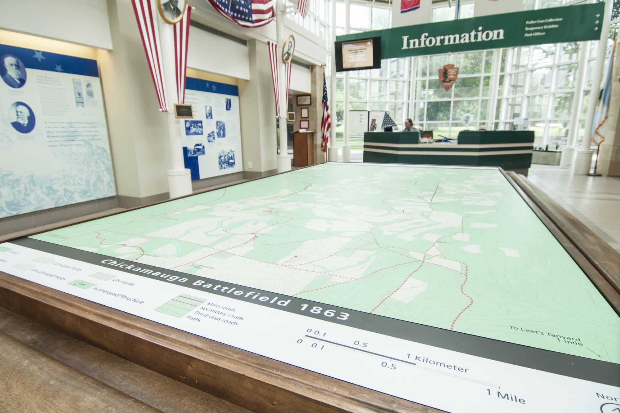 Giant map on a table in the atrium at the Chickamauga Battlefield Visitor Center