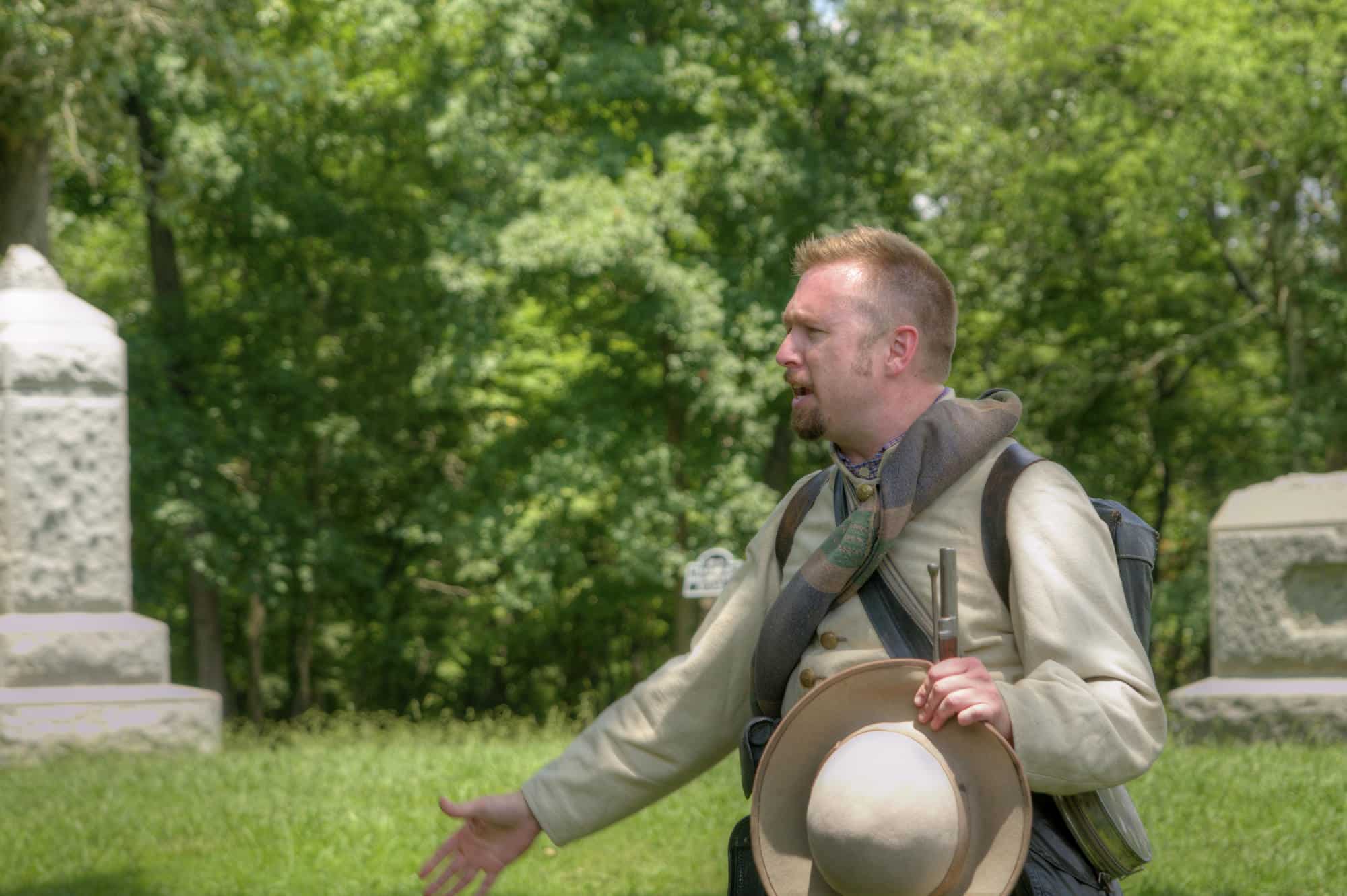 Park ranger leading an activity while dressed like a Civil War soldier