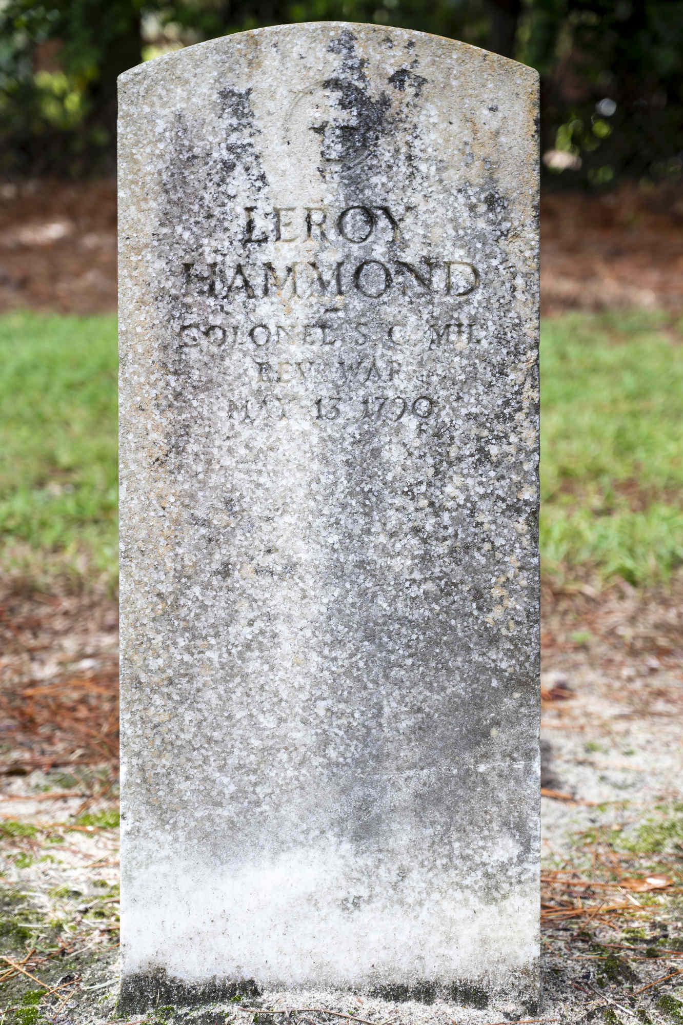 Weathered tombstone of Colonel LeRoy Hammand at Charles Hammond House in North Augusta.