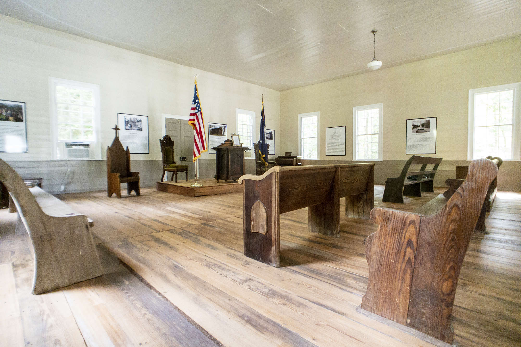Wooden pews inside the historic Horn’s Creek Baptist Church in Edgefield, South Carolina.