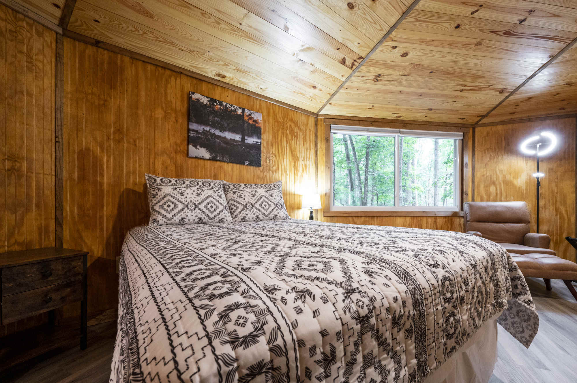 Octagonal shaped cabin at Barnwell State Park with a comfortable queen bed, giant picture window overlooking a forest, and hardwood floors in Blackville, South Carolina.
