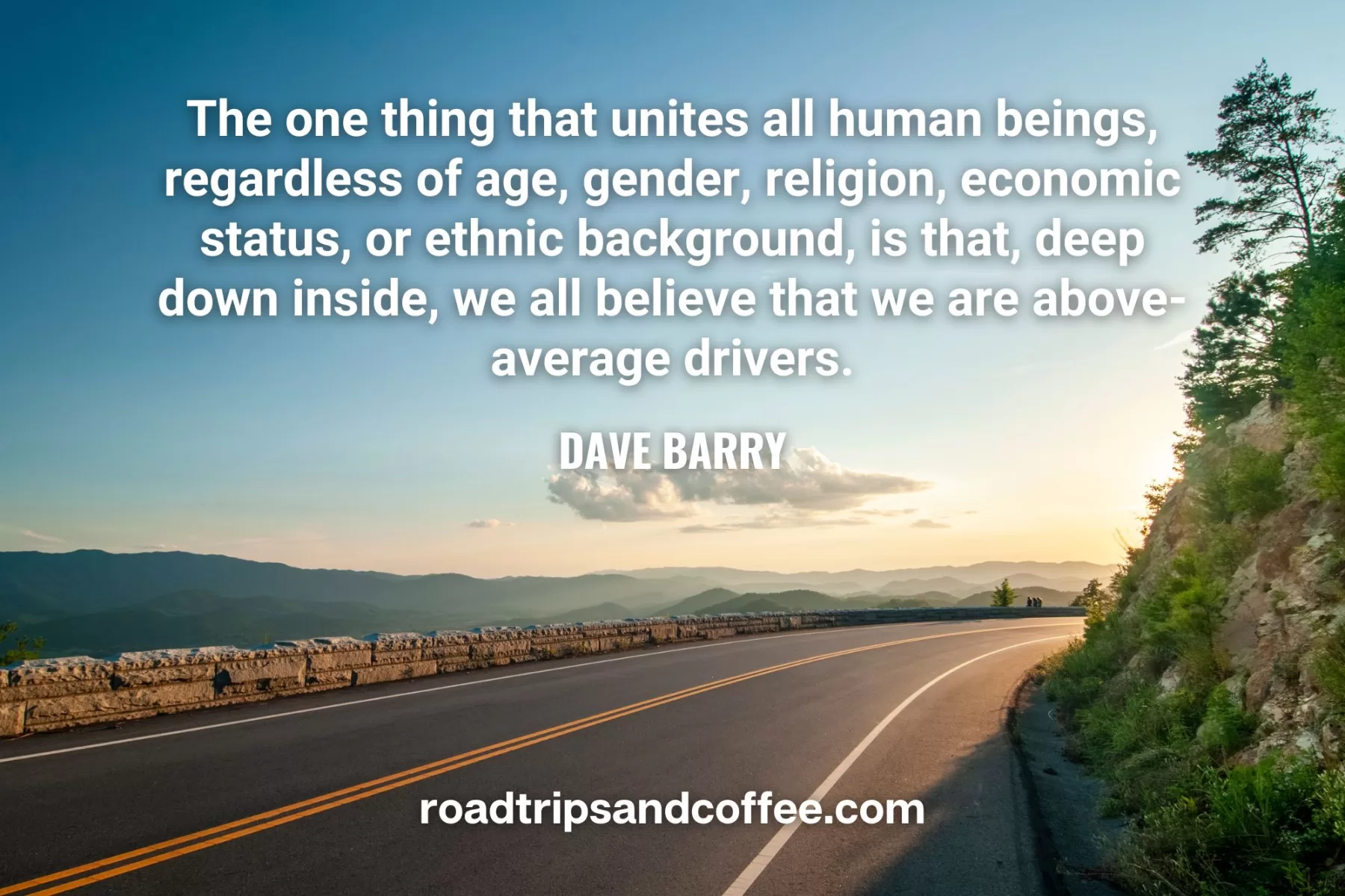 “The one thing that unites all human beings, regardless of age, gender, religion, economic status, or ethnic background, is that, deep down inside, we all believe that we are above-average drivers.” – Dave Barry